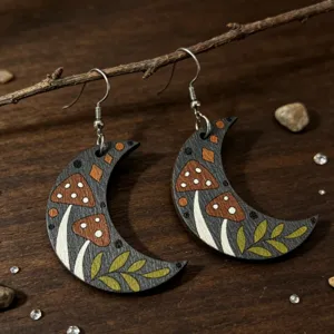 Forest Style Wood Crescent Earrings Fairytale Moon Mushroom Plant Print Vintage Geometric Drop Earrings For Women Jewelry