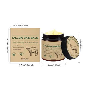 Open amber glass balm jar with pale yellow cream beside a kraft box, shown with size markings