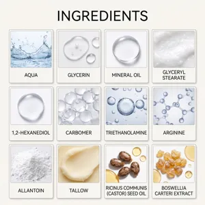 Skincare ingredient chart in a three-by-four grid, with macro images on a light ivory background