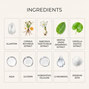 Tien huidverzorgingsingrediënten met illustraties van kristal, wortels, bladeren en waterdruppels