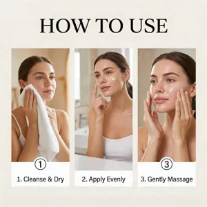Three-step facial care: cleanse and dry, apply cream evenly, then gently massage the skin