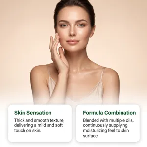 Woman gently touching her face above cards describing a smooth texture and moisturizing feel
