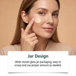 A woman applies pale cream to her cheek beside text describing a wide-mouth glass jar design