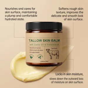 Amber glass balm jar with black lid beside a creamy skincare balm smear on a beige background