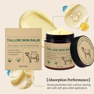 Close-up of creamy balm texture beside an open glass jar, carton, lid, and oil droplets