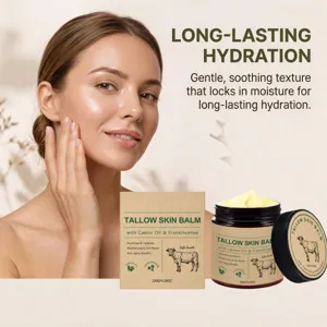 Skincare scene with a woman touching her face beside an open balm jar and its cardboard box