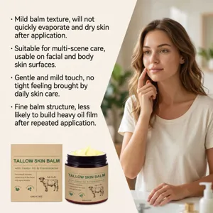 Woman gently touching her face beside a balm jar and carton in a softly lit bathroom setting