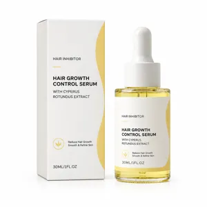 Serum van 30 ml tegen haargroei met Cyperus-extract, naast de wit-gele productdoos