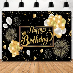 Schwarz Gold Happy Birthday Hintergrund Polyester Pongee Party Dekoration Ballon Stern Thema Fotografie Prop Banner