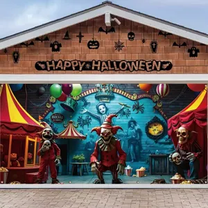 Bannière de Porte de Garage d'Halloween Grand Squelette Citrouille Lanterne Imprimé Extérieur Horreur Décoration Murale Fête