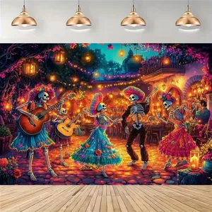 Mexican Day Of The Dead Backdrop Sugar Skull Marigold Flower Printed Polyester Tapestry Photography Background For Party