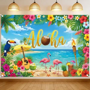 Fondo de Fotografía de Playa de Verano Tropical Pongé Aloha Tema de Fiesta en la Piscina para Fiesta de Camping de Verano Evento al Aire Libre Accesorios Fotográficos Decoración Colgante de Pared