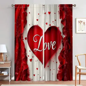 Cortinas de San Valentín rojas y blancas con corazón Love, mostradas en pareja en una habitación