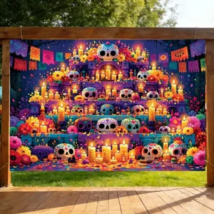 Day of the Dead printed backdrop with sugar skulls, marigolds and candles, displayed outdoors