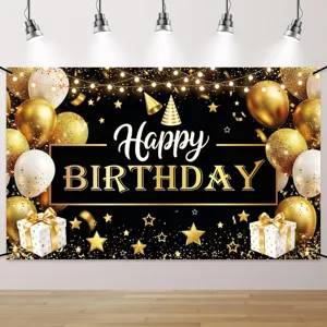 Schwarz-goldener Geburtstagshintergrund mit Ballons, Sternen und Geschenken, aufgehängt
