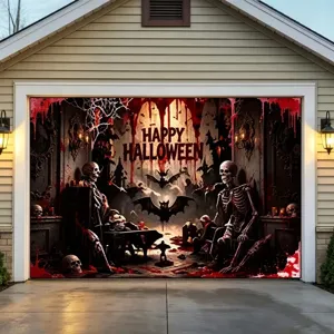 Bannière de garage d’Halloween avec crânes gothiques, chauves-souris et texte « HAPPY HALLOWEEN »