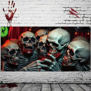 Bannière d’Halloween avec squelettes ensanglantés réunis autour de verres, sur fond rouge sombre