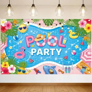 Fondo de fiesta en piscina con flotadores, frutas, flores tropicales y texto «POOL PARTY»