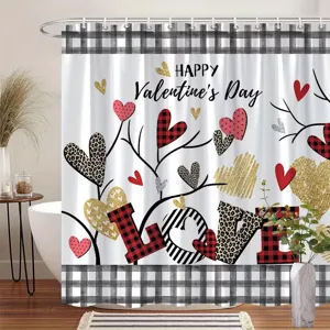 Valentinstags-Duschvorhang mit Herzen in Rot, Schwarz und Gold, LOVE-Schriftzug und Karorand