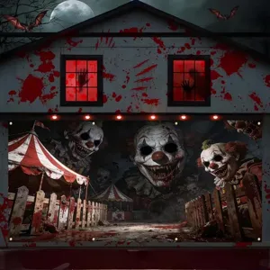 Bannière d’Halloween pour garage avec clowns sinistres, chapiteau de cirque et éclaboussures de sang