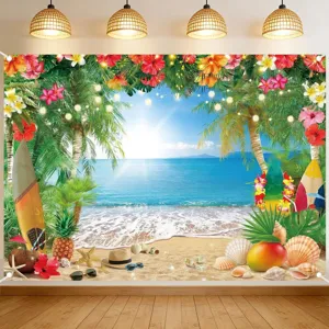 Fondo fotográfico de playa tropical con mar azul, arena, palmeras y flores de colores vivos
