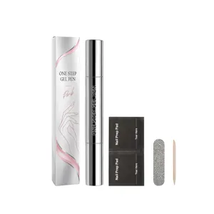 Nail care set on white background with silver gel pen, pink box, prep pads, file and wood stick