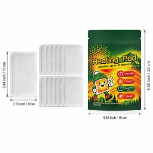 White disposable heating patches beside a green 10-pack pouch, labeled 8 × 10 cm and up to 12 hours