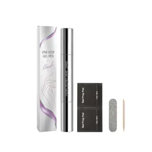 A gel pen kit arranged on white, with its box, prep pads, nail file and wooden cuticle stick
