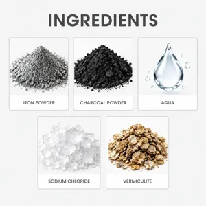 Ingredient chart showing iron powder, charcoal, water, sodium chloride and vermiculite samples