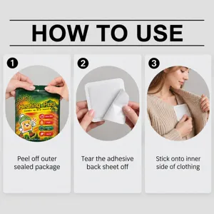 Three-step guide shows opening a heat pad, peeling its backing, and placing it inside clothing