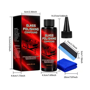 Glaspolijstset met doos, fles, zwarte spons, blauwe doek en een taps toelopend mondstuk