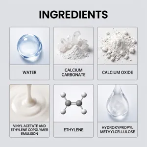 Schema degli ingredienti in sei riquadri: acqua, carbonato di calcio, ossido di calcio e composti