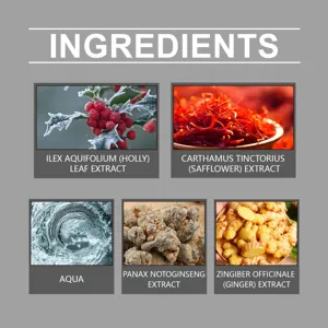 Ingrediëntenoverzicht met foto's van hulst, saffloer, water, notoginseng en gemberextract.