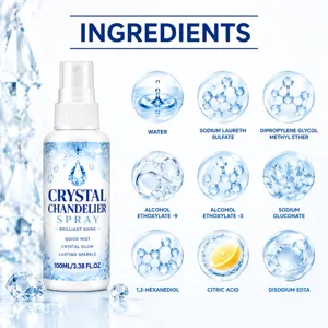 Close-up of a spray bottle beside a nine-item ingredient chart on a blue crystal-themed display