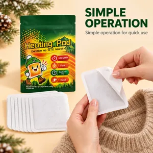 Hands peel the backing from a thin square heating patch beside its green package and spare pads
