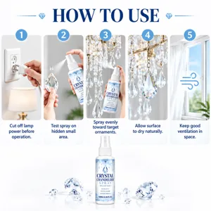 Five-step guide shows misting crystal chandelier ornaments, natural drying, and room ventilation.