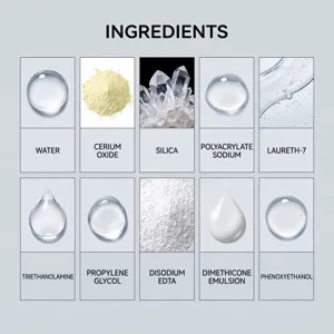 Overzicht met tien ingrediënten: water, ceriumoxide, silica en andere bestanddelen van glaspolish