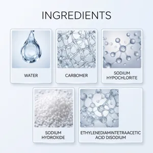 Scheda ingredienti con cinque componenti etichettati e illustrazioni di molecole e texture