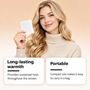 A woman holds a white heat patch, with cards describing lasting warmth and easy portability