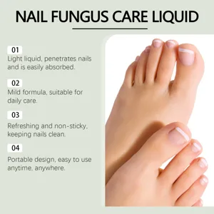 Primo piano di piedi con unghie French e consigli numerati per la cura su sfondo verde chiaro