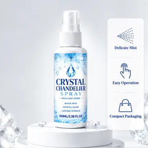 White 100 ml spray bottle with a blue crystal label, displayed beside three feature icons