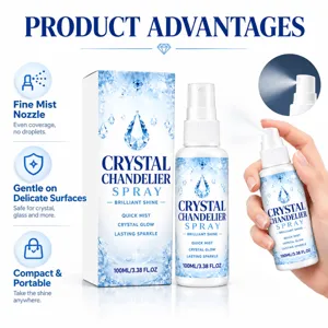 Infographic showing a crystal chandelier spray bottle, gift box and fine mist nozzle
