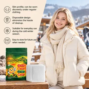 Winter lifestyle scene with a woman beside a heating pad package and a stack of disposable warmers