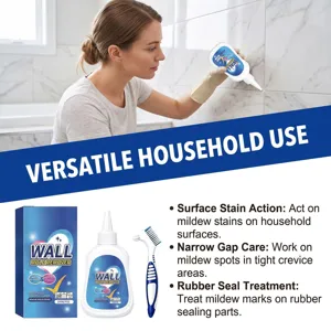 Donna applica gel detergente sulle piastrelle; visibili flacone da 200 g e spazzola stretta.