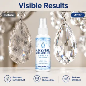 Before-and-after view of a crystal chandelier, showing dusty facets restored to a clear, brilliant shine