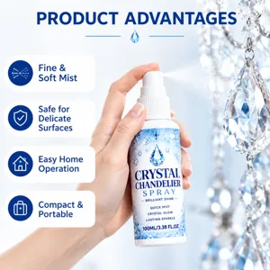 Infographic showing a hand-held fine-mist bottle beside crystal pendants and four feature icons