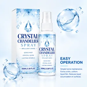 White 100 ml spray bottle beside a blue crystal-patterned box on a pale blue studio backdrop