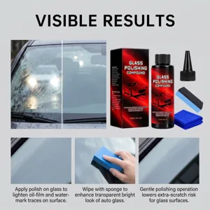 Instructiebeeld met een voorruit voor en na het polijsten en stappen voor gebruik met een spons.
