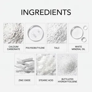 Tabla de ingredientes con siete polvos y líquidos blancos dispuestos en una cuadrícula bien rotulada