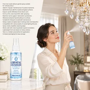 A woman sprays crystal chandelier ornaments, with a 100 ml mist bottle displayed nearby